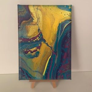 5x7 Pour Painting, gold, yellow, purple, turquoise, green